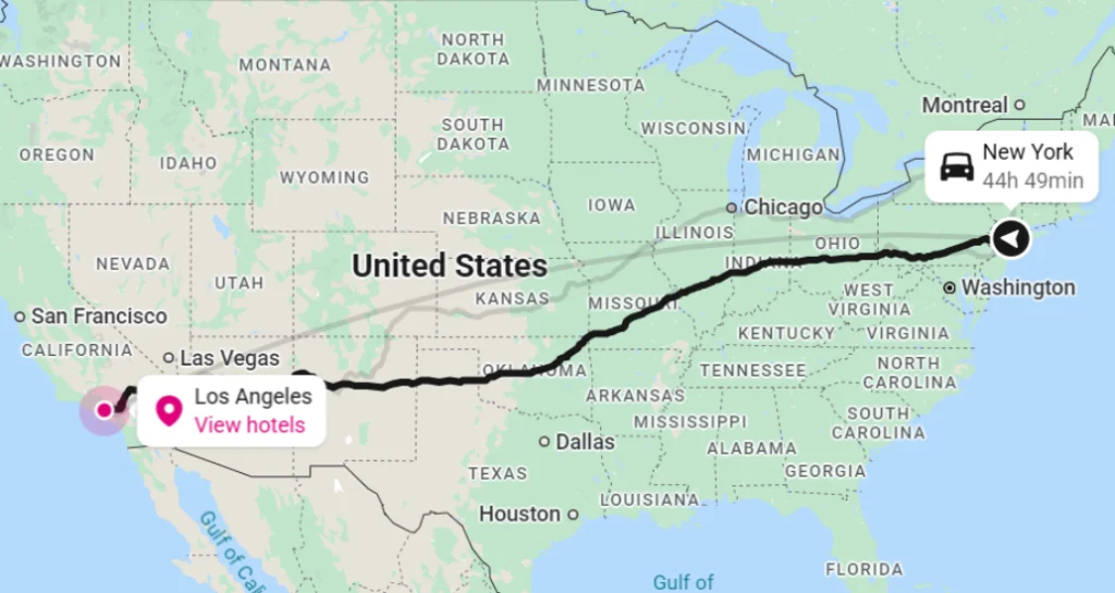 Bus route from New York to Los Angeles, Nueva York a Los Ángeles
