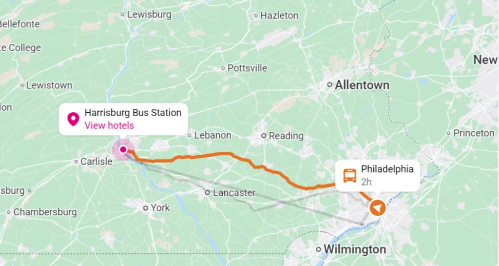 Philadelphia to Harrisburg Route Map