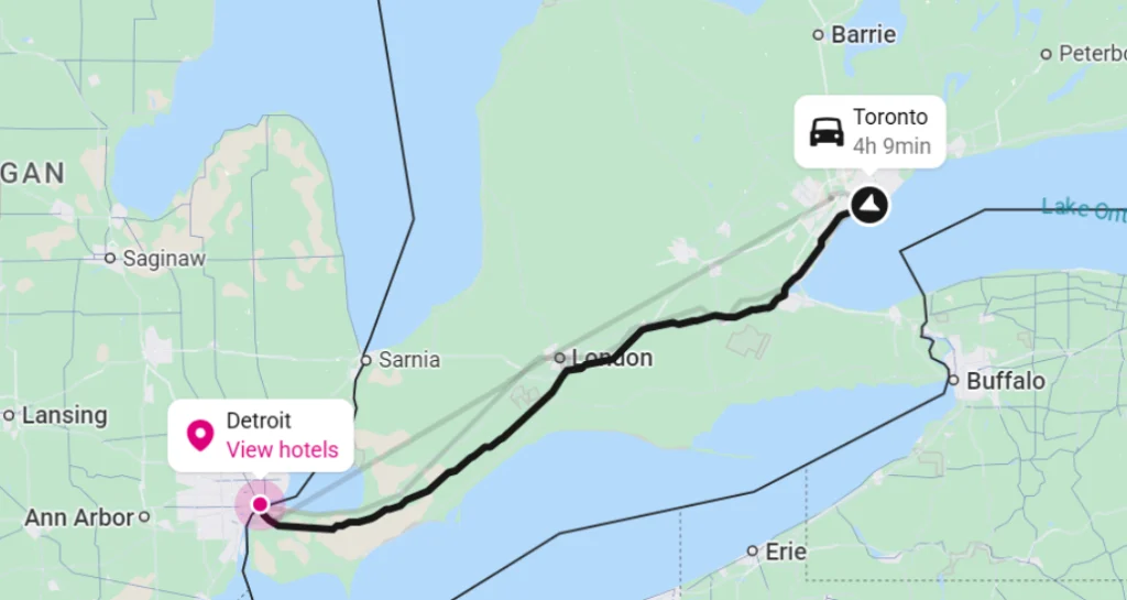 Mapa de rutas de autobús de Toronto a Detroit