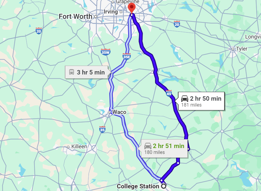 College Station to Dallas Bus Route Map