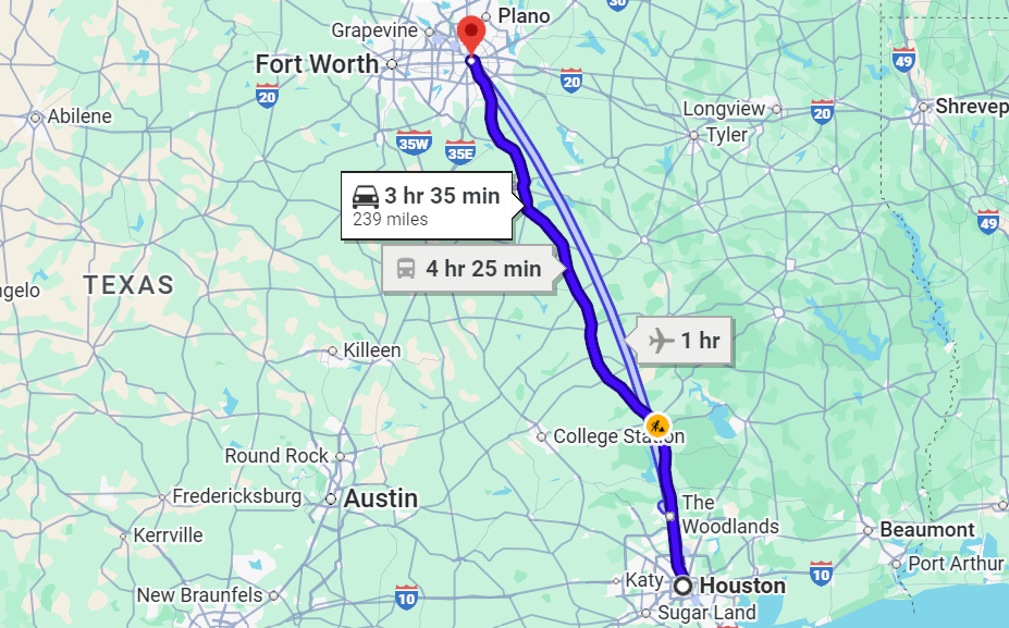 Houston to Dallas Bus Route Map