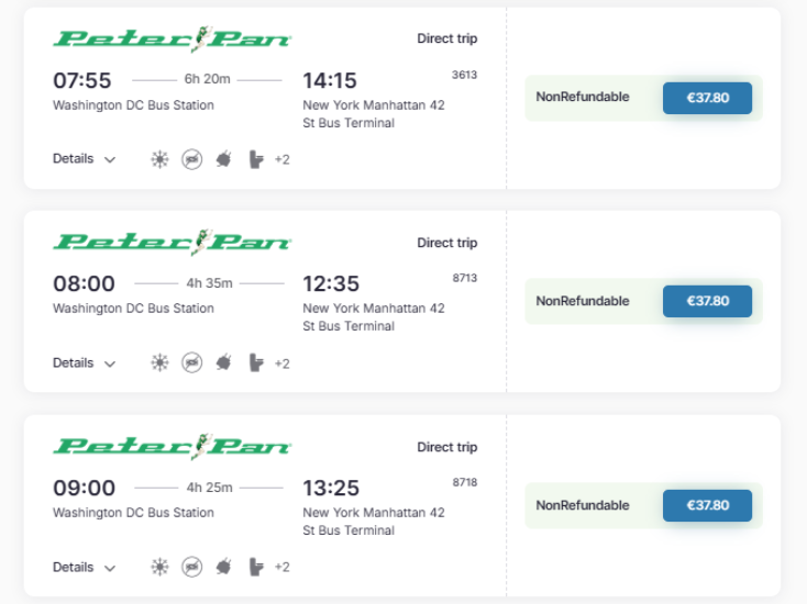 Autobús Washington DC a Nueva York