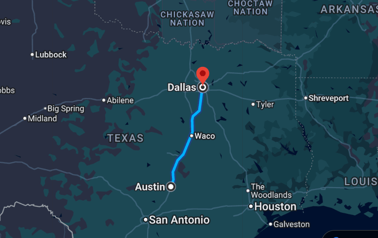 Austin to Dallas Bus Route Map