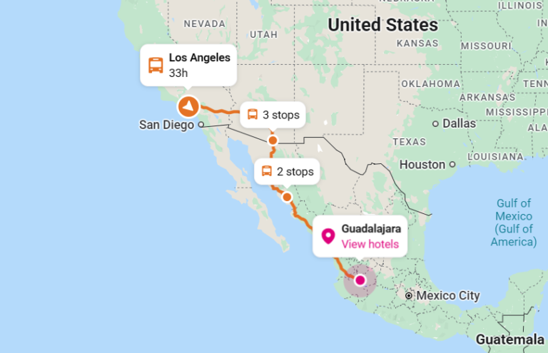 Mapa de rutas de autobús de Los Ángeles a Guadalajara