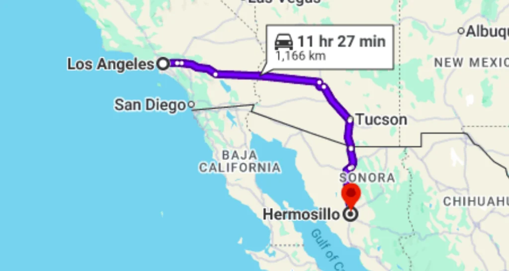 Mapa de ruta del autobús de Los Ángeles a Hermosillo