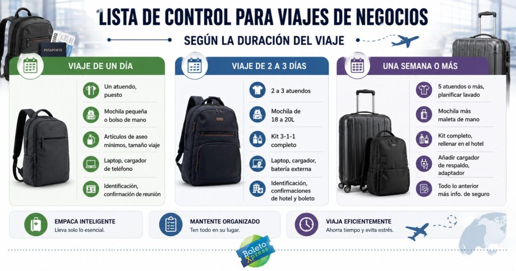 Lista de control para viajes de negocios según la duración del viaje