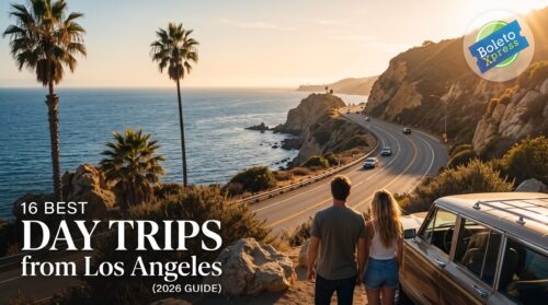 A cinematic golden hour view of a couple looking out over the winding Pacific Coast Highway from a scenic roadside overlook, showcasing the iconic coastal drives that make for the best day trips from Los Angeles, featuring the BoletoXpress brand badge.