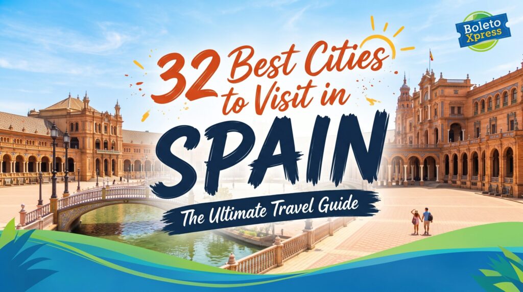 A vibrant travel blog hero image featuring the Plaza de España in Seville, highlighting a complete guide to the 32 best cities to visit in Spain, along with the BoletoXpress logo in the top right corner.