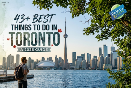 A traveler admiring the downtown skyline and CN Tower from the waterfront, exploring the best things to do in toronto for a 2026 travel guide.