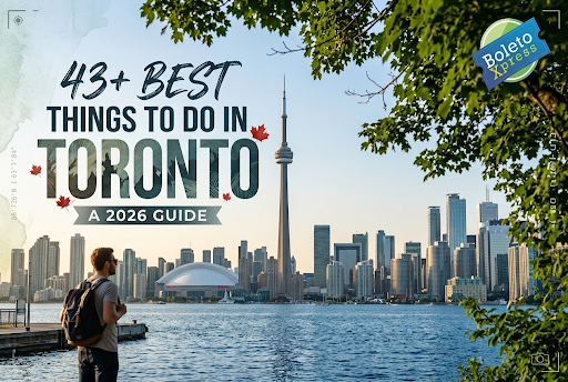 A traveler admiring the downtown skyline and CN Tower from the waterfront, exploring the best things to do in toronto for a 2026 travel guide.