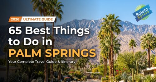 A bright and sunny landscape of mountains and palm trees, featuring the BoletoXpress 2026 ultimate travel guide for the 65 best things to do in palm springs.