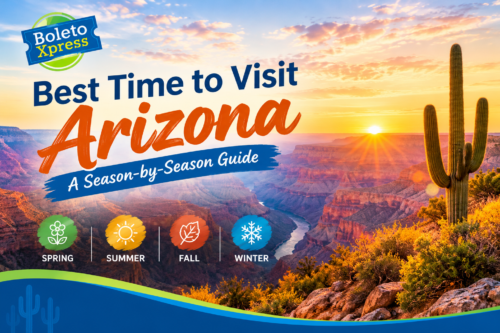 Best time to visit Arizona – Grand Canyon sunset with BoletoXpress branding and a seasonal travel guide for spring, summer, fall, and winter.