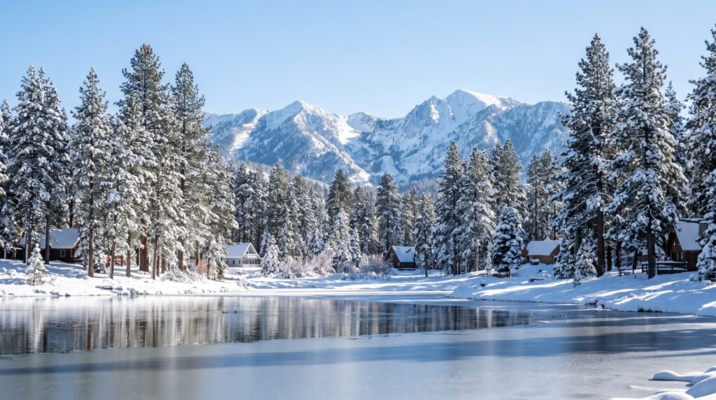 Snowy pine trees and mountain views at Big Bear Lake, one of the best winter day trip destinations.