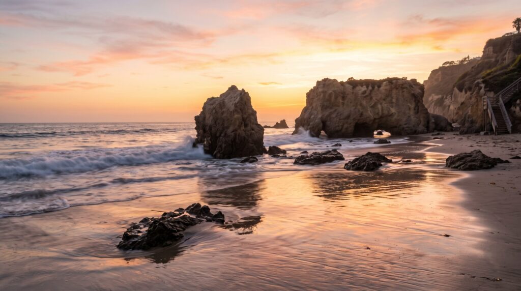 Stunning sunset view at Malibu beach, a must-visit location for los angeles day trips.