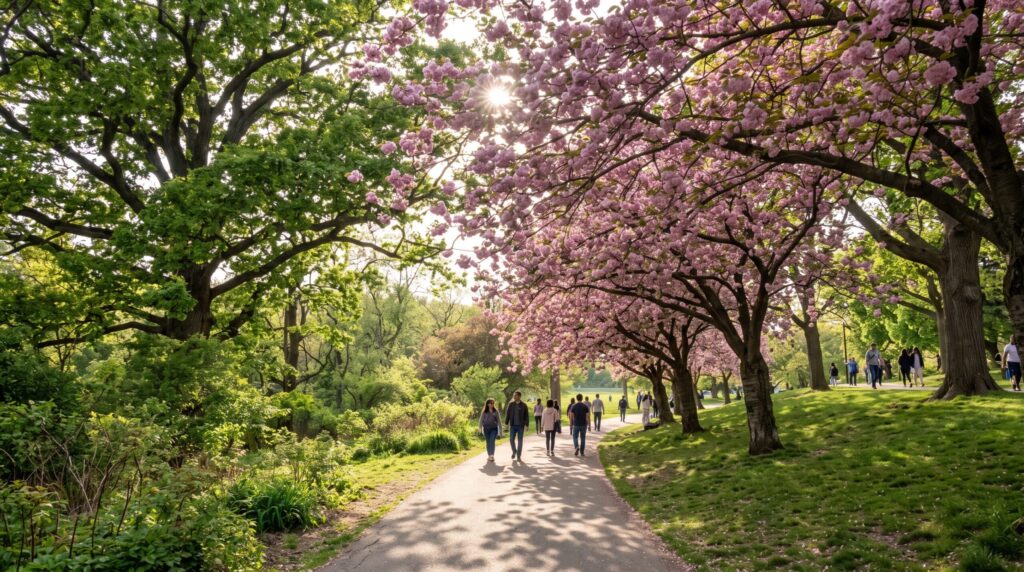 Lush green walking trails and cherry blossoms inside High Park, showcasing relaxing things to do around toronto.