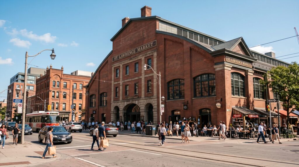 Historic brick exterior of the St. Lawrence Market, offering great food and stuff to do in toronto.