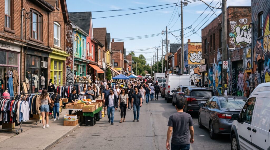 Vibrant street art and vintage shops in Kensington Market, featuring unique activities to do in toronto canada.