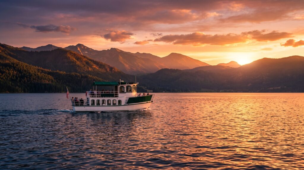 A classic tour boat cruising on the deep blue waters of Lake Pend Oreille at sunset, one of the most relaxing sandpoint idaho activities.