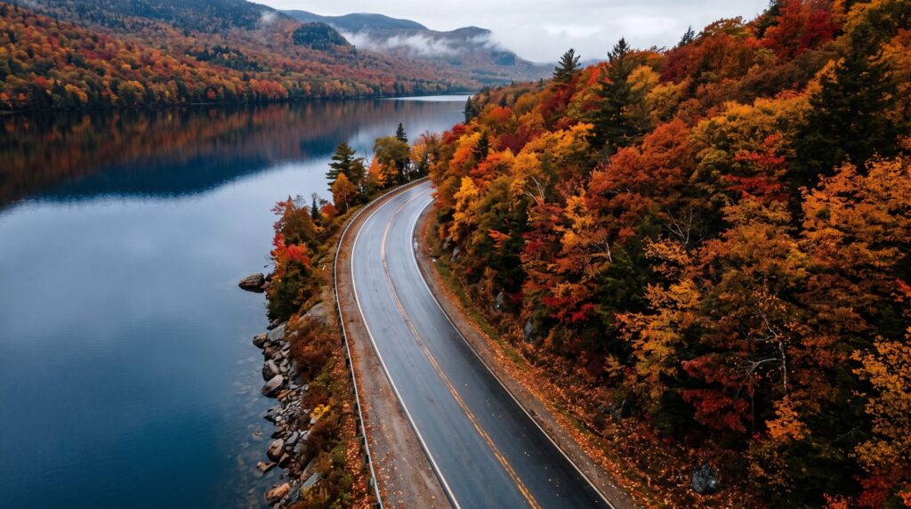 The beautiful Pend Oreille Scenic Byway winding alongside the lake, surrounded by autumn foliage and ranking high among scenic sandpoint tourist attractions.