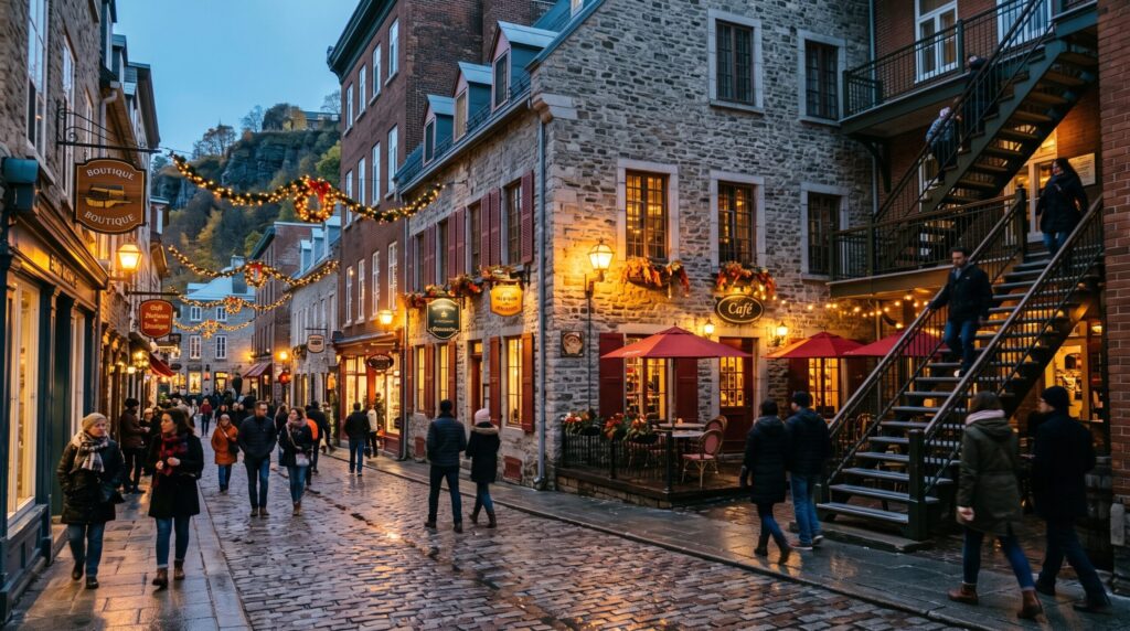Beautiful cobblestone streets of Petit-Champlain to explore during a quebec city walking tour in old quebec city.
