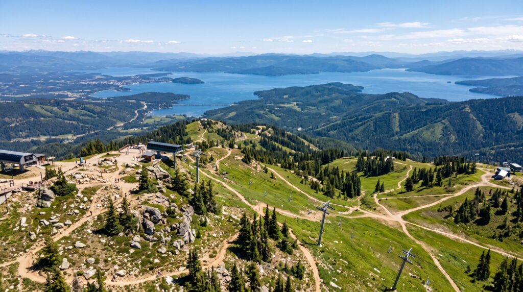 Summer views from Schweitzer mountain resort featuring green hiking trails and a scenic chairlift, highlighting top things to do in sandpoint during the warmer months.