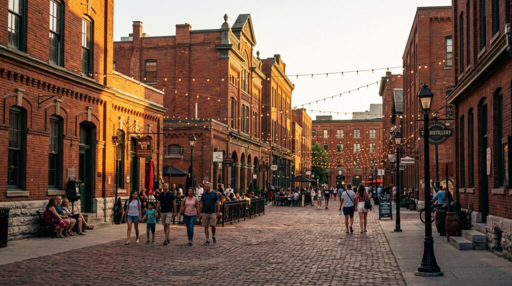 Victorian-era brick buildings and cobblestone streets in the Distillery Historic District, a perfect answer to what is there to do in toronto.