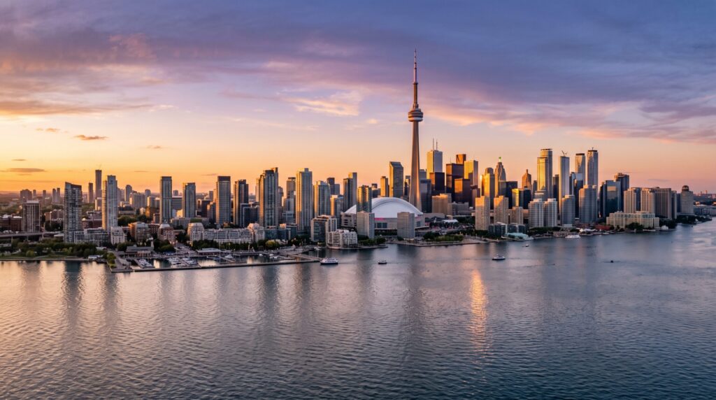 Panoramic landscape view of the Toronto city skyline and Lake Ontario waterfront, highlighting the best things to do in toronto.