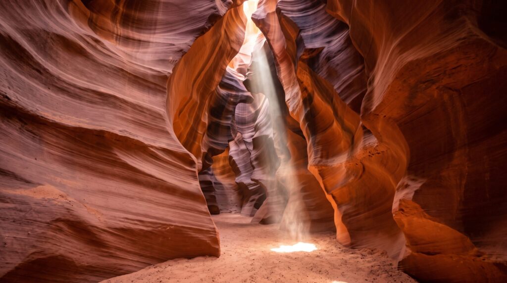 Light beams shining into Upper Antelope Canyon near Page Arizona