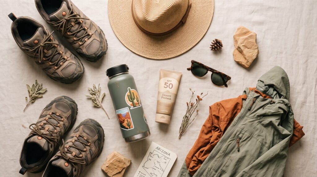 Packing essentials for an Arizona trip laid out flat: hat, sunscreen, water bottle and hiking shoes