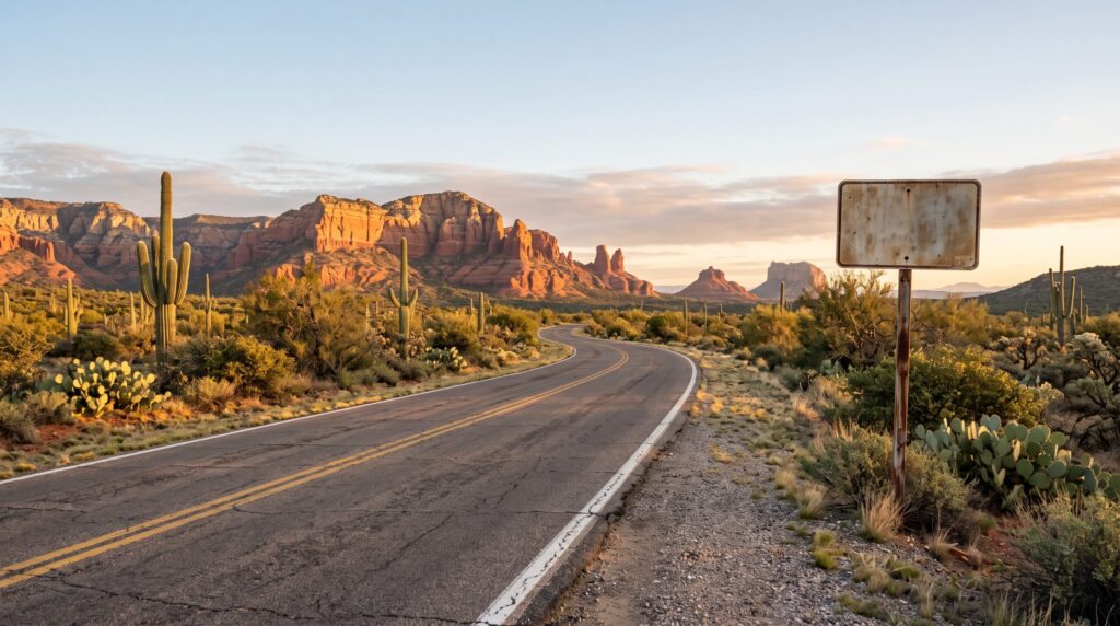 Desert highway road trip route through Arizona with red rocks ahead