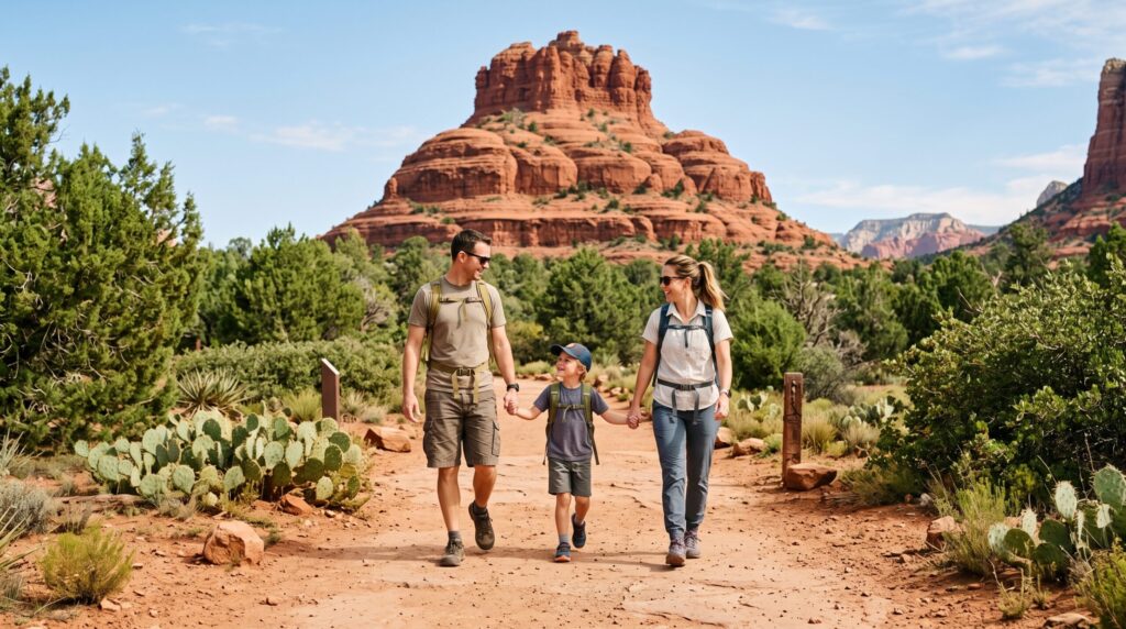 Family hiking Bell Rock Pathway looking for things to see in sedona