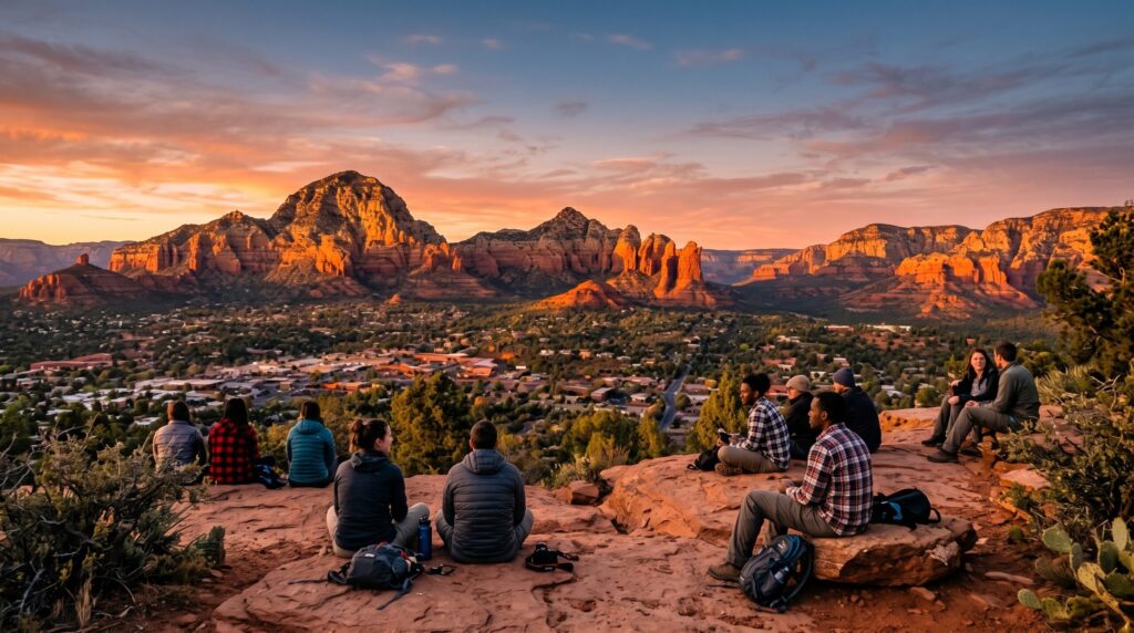 Group enjoying sunset at Airport Mesa, great places to go in sedona arizona