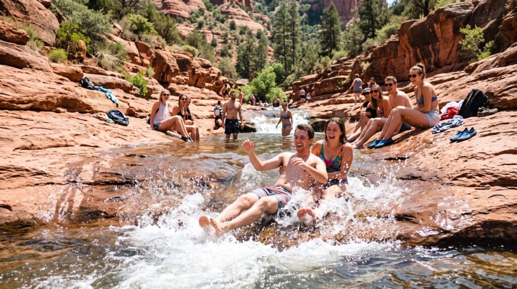 A family safely wading in Oak Creek at Slide Rock State Park if you are wondering what is there to do in sedona arizona.