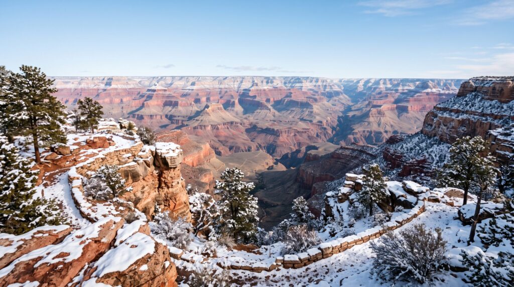 Snow dusting the Grand Canyon South Rim in winter, quiet season with fewer crowds