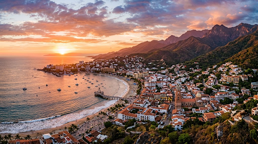 Panoramic sunset view over the coastline and Sierra Madre mountains, showcasing the best things to do in Puerto Vallarta.