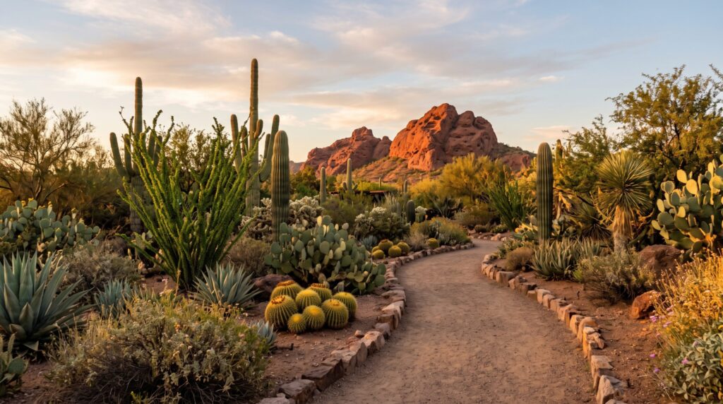 Desert Botanical Garden in Phoenix Arizona with cacti at golden hour