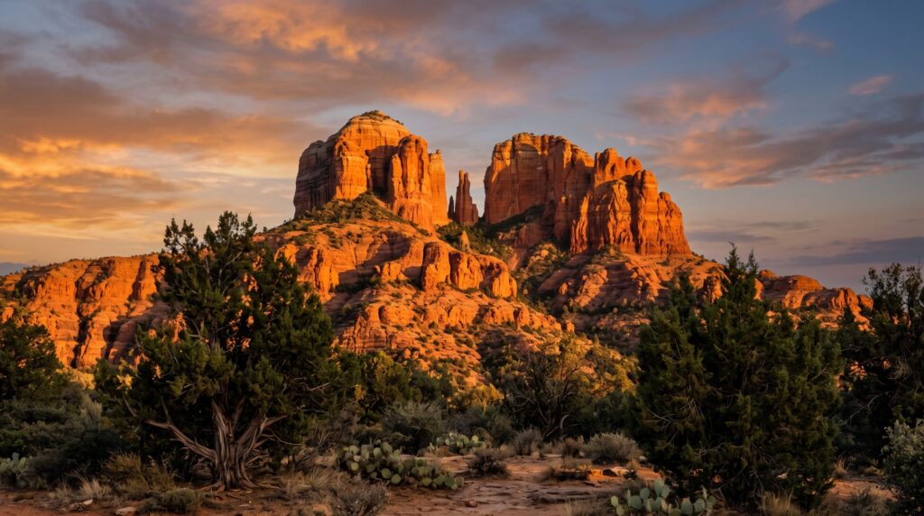 Cathedral Rock red rock formations glowing at sunset in Sedona Arizona