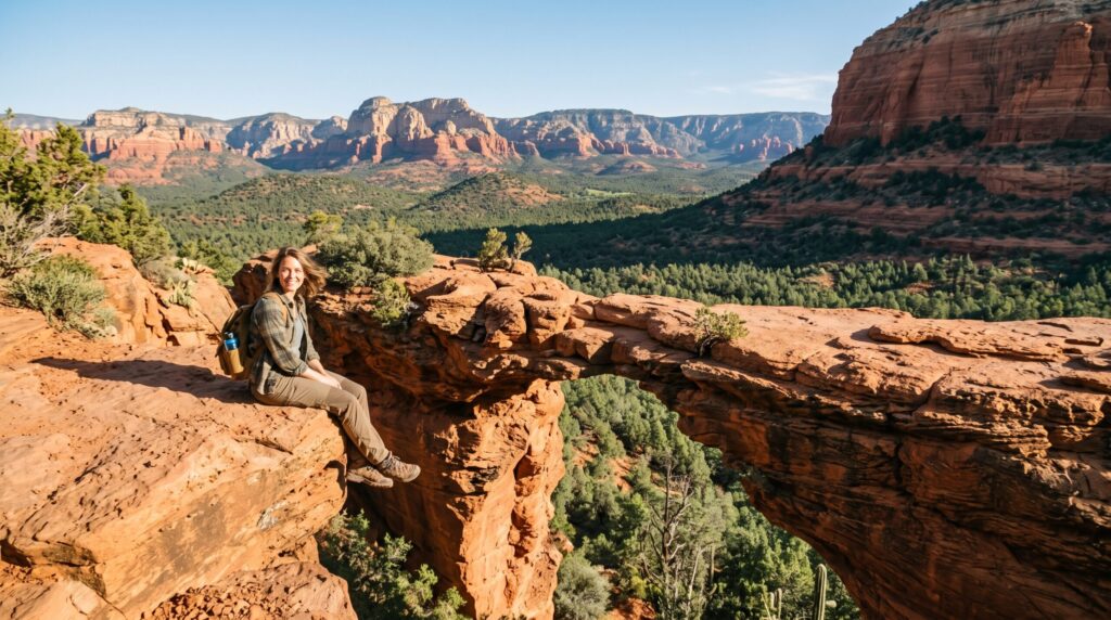 Traveler sitting on Devil's Bridge, one of the best things to do in sedona
