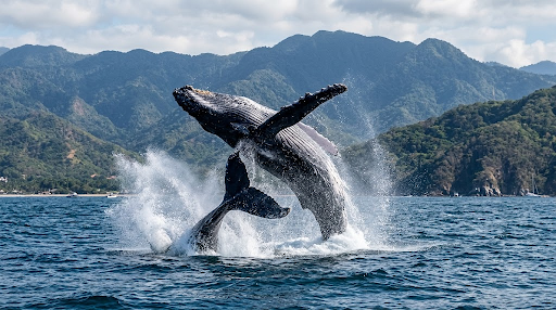 Humpback whale breaching in Banderas Bay, a perfect answer for what to do in Puerto Vallarta during winter.