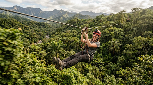 Ziplining over the lush Sierra Madre jungle canopy, highlighting adventurous things to do at Puerto Vallarta Mexico.